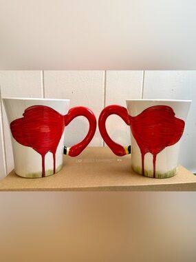 Vintage Pier 1 Hand Painted Set of Flamingo Mugs (2)